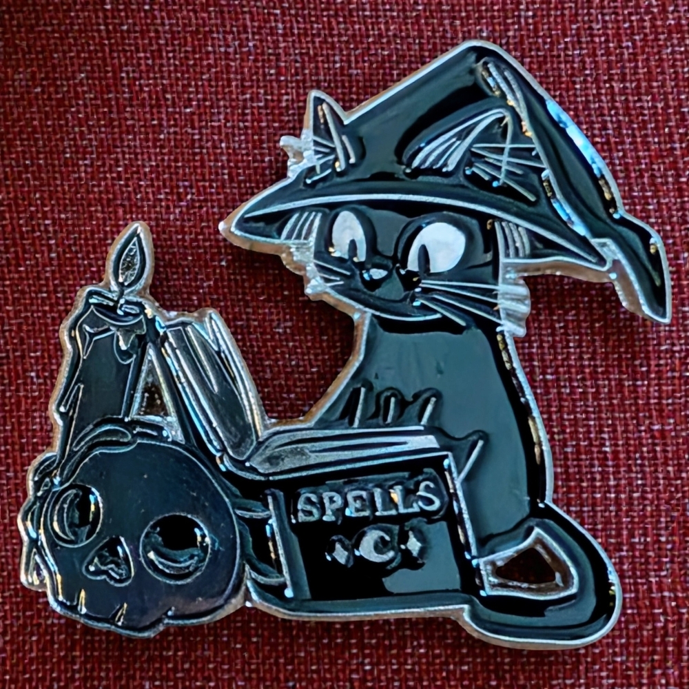 Witch Cat Reading Spells Enamel Pin - Black & Silver